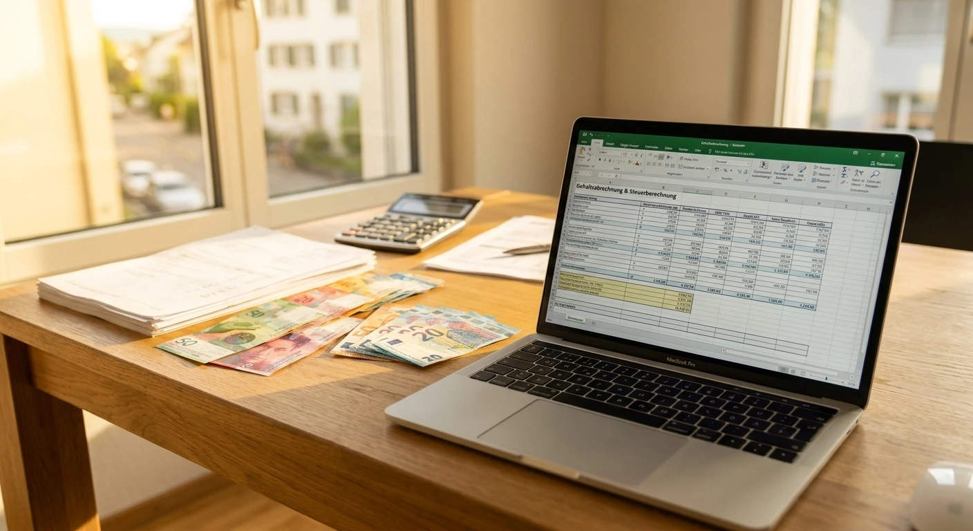 Grenzgängerzentrum 24 Laptop mit Geld und Dokumenten auf einem Tisch