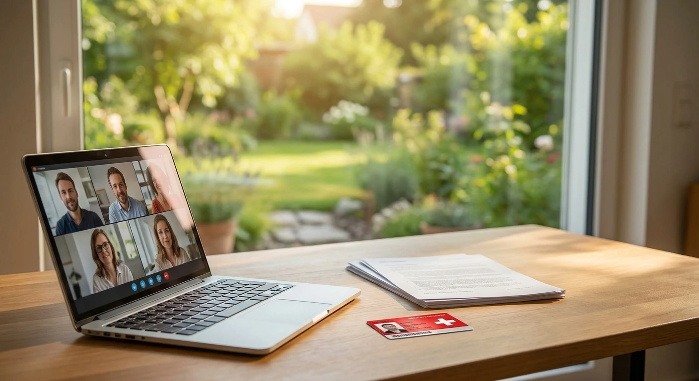 Grenzgängerzentrum 25 Homeoffice eines Grenzgängers mit Videokonferenz, Unterlagen und Schweizer Ausweisdokument