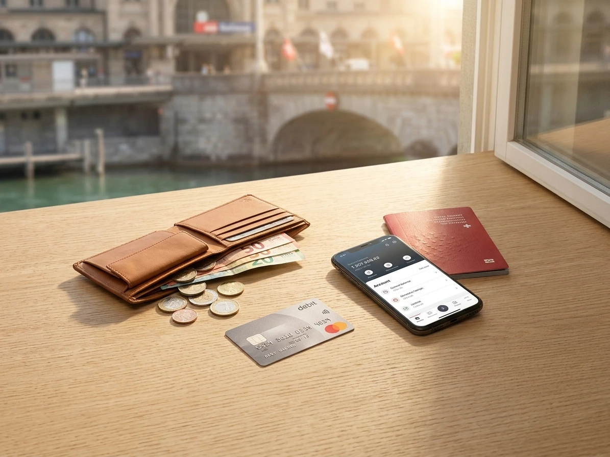 Grenzgängerzentrum 25 Geldbörse mit Banknoten und Münzen, Debitkarte, Smartphone mit Banking-App und ein Reisepass auf einem Tisch