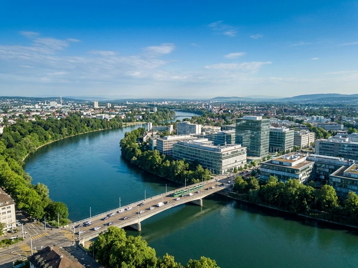 Grenzgängerzentrum 24 Luftaufnahme einer Stadt mit moderner Bürohäuser-Skyline