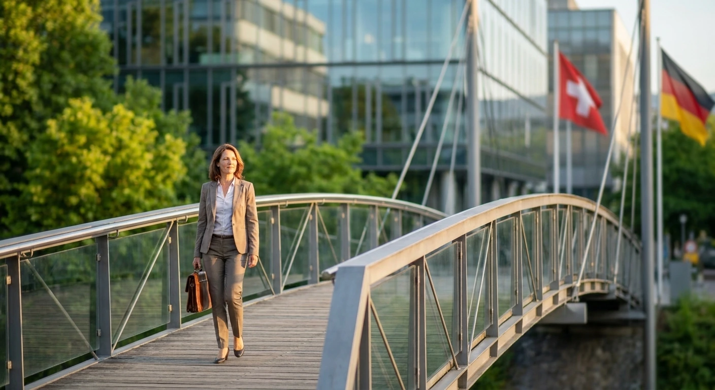 Grenzgängerzentrum 27 Frau im Business-Look mit Aktentasche geht über eine Fußgängerbrücke, im Hintergrund Bürogebäude sowie Schweizer und deutsche Flagge
