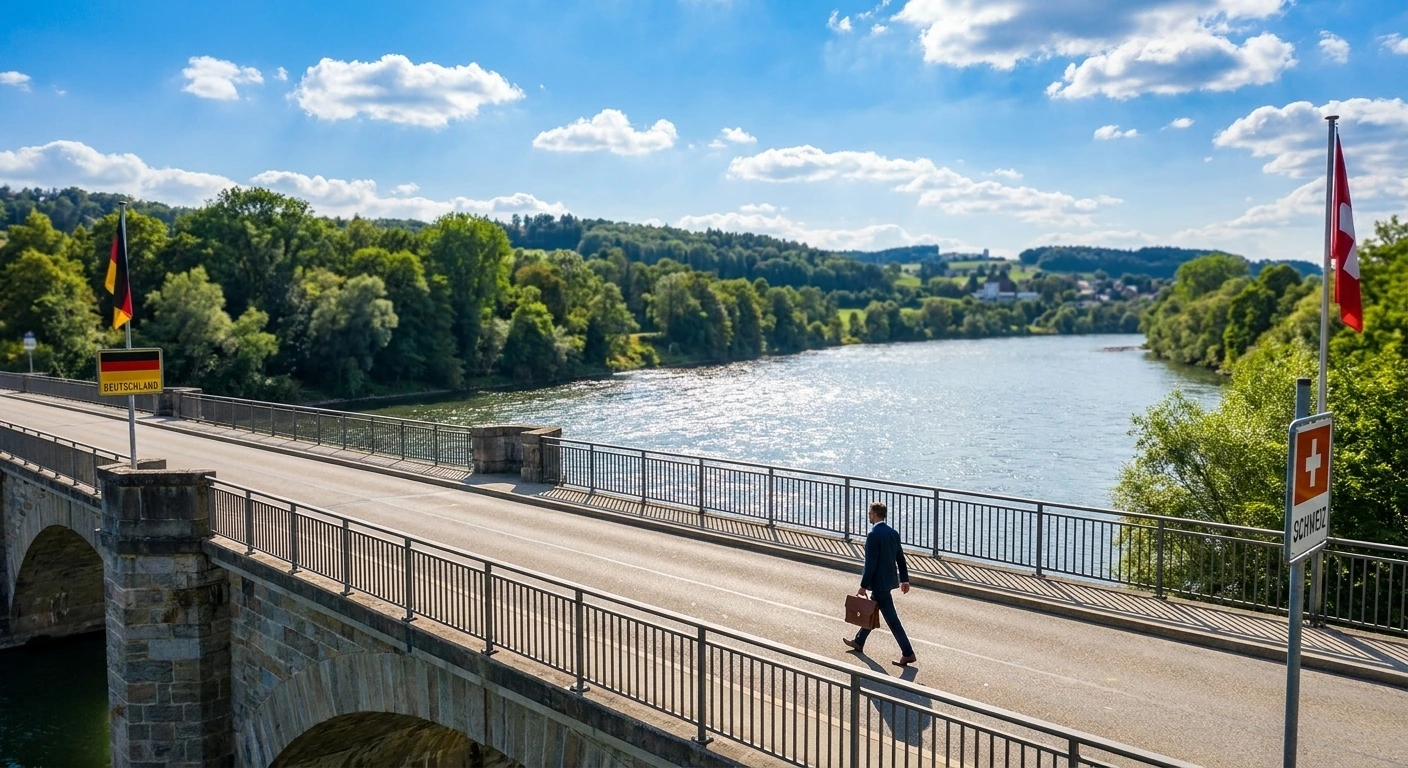 Grenzgängerzentrum 25 Grenzgänger auf dem Weg in die Schweiz über eine Brücke an der deutsch-schweizerischen Grenze