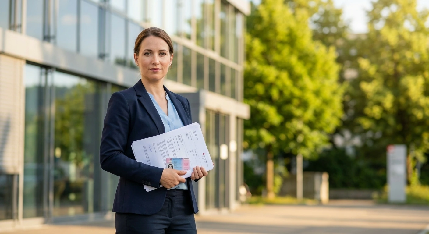 Grenzgängerzentrum 31 Grenzgängerin mit Bewilligungsunterlagen und Ausweis vor einem Verwaltungsgebäude