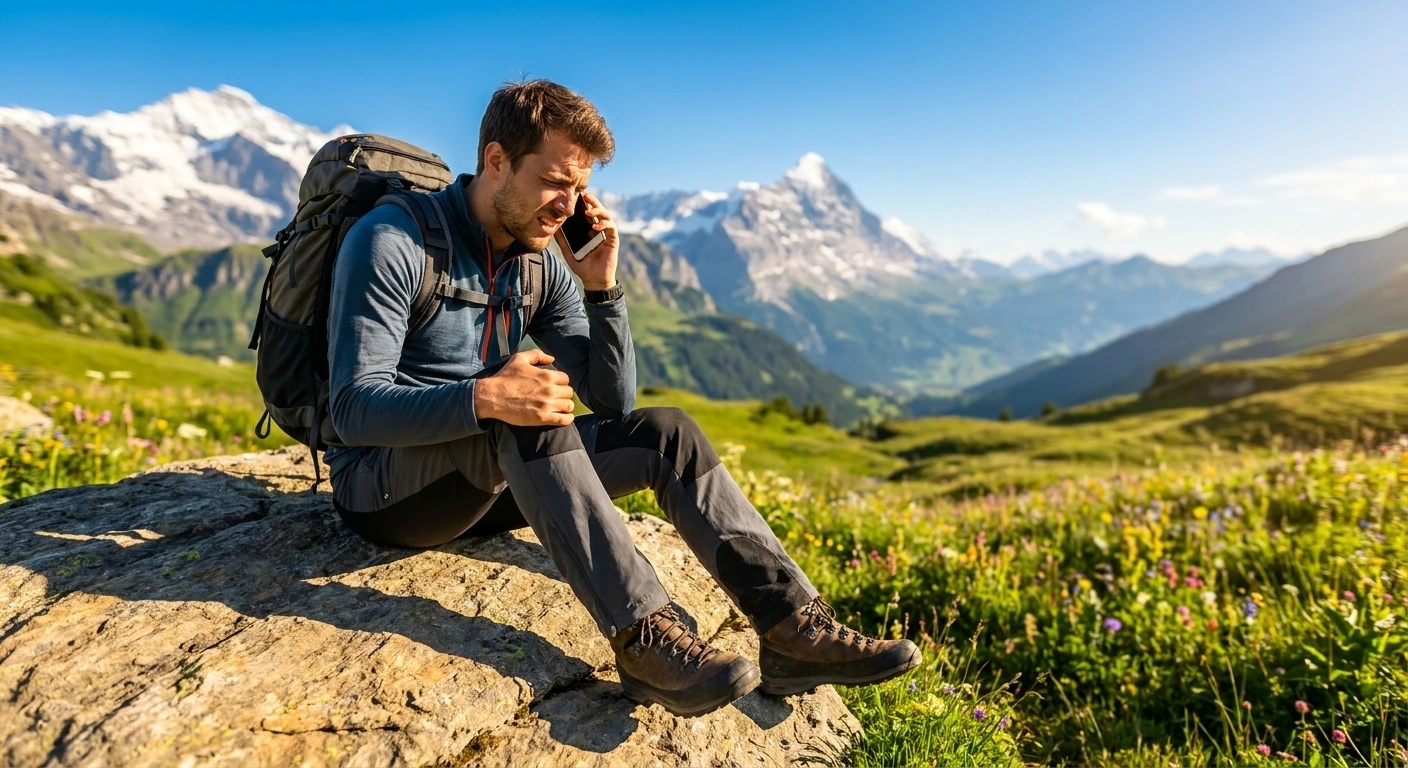 Grenzgängerzentrum 25 Wanderer mit Rucksack sitzt auf einem Felsen und telefoniert, hält sich dabei das Knie