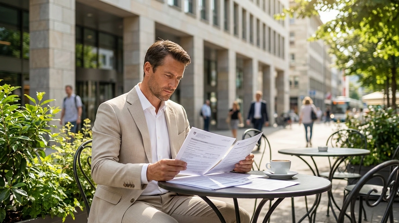 Grenzgängerzentrum 25 Ein Mann prüft Unterlagen zu Arbeit und Finanzen