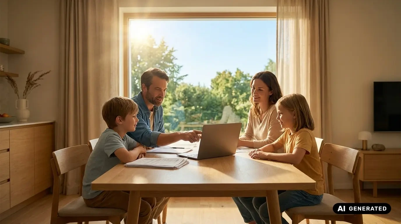 Grenzgängerzentrum 25 Eltern mit zwei Kindern besprechen Versicherungsunterlagen am Laptop