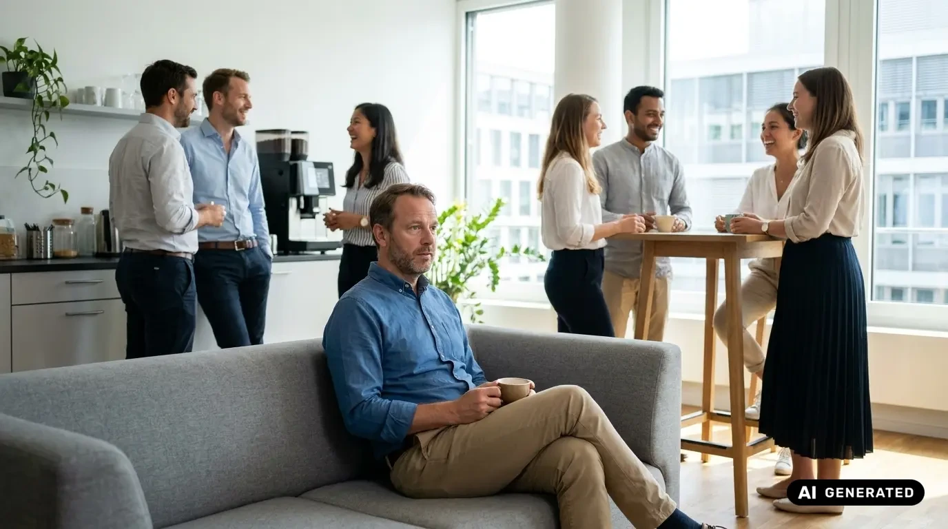 Grenzgängerzentrum 25 Mann sitzt mit Kaffeetasse etwas abseits auf einem Sofa in einer Büroküche, während im Hintergrund mehrere Kollegen locker plaudernd zusammenstehen