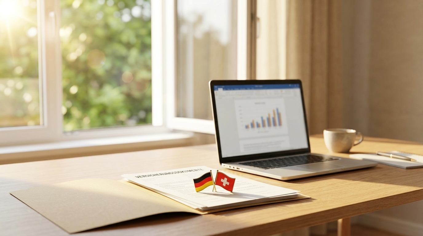Grenzgängerzentrum 25 Schreibtisch mit Versicherungsdokumenten, deutscher und Schweizer Flagge sowie geöffnetem Laptop im Hintergrund