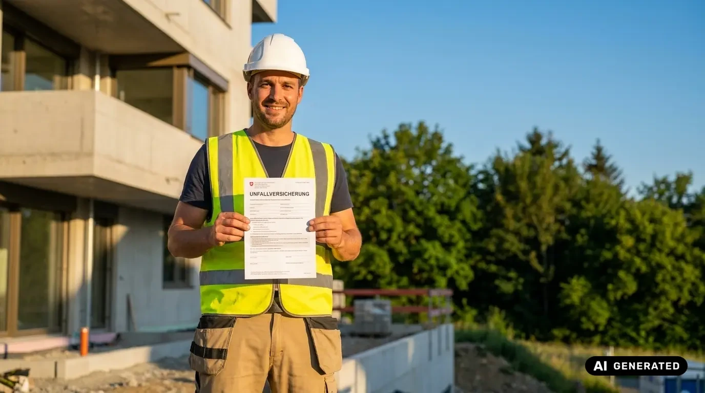 Grenzgängerzentrum 25 Bauarbeiter mit Helm und Warnweste hält auf einer Baustelle ein Dokument mit der Aufschrift "Unfallversicherung" in die Kamera