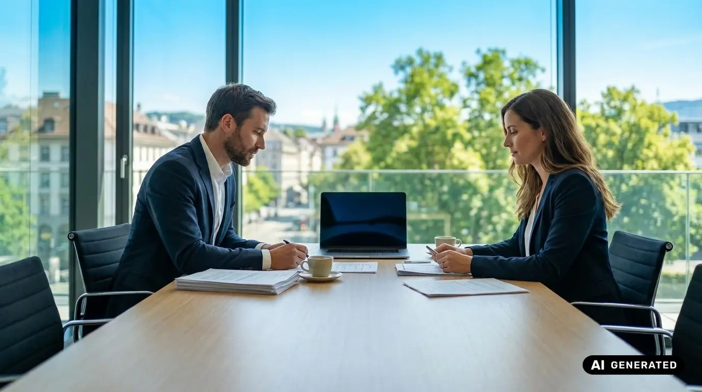 Grenzgängerzentrum 25 Berater und Kundin besprechen Altersvorsorgeunterlagen am Konferenztisch mit Blick auf die Stadt