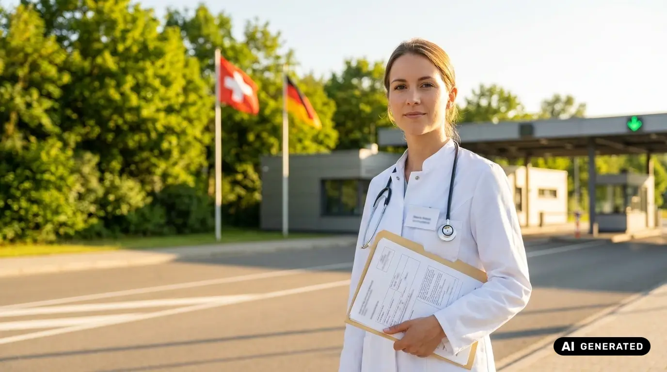 Grenzgängerzentrum 29 Anerkennung des Medizinstudiums in der Schweiz: Ärztin mit Unterlagen vor einer Schweizer Grenze