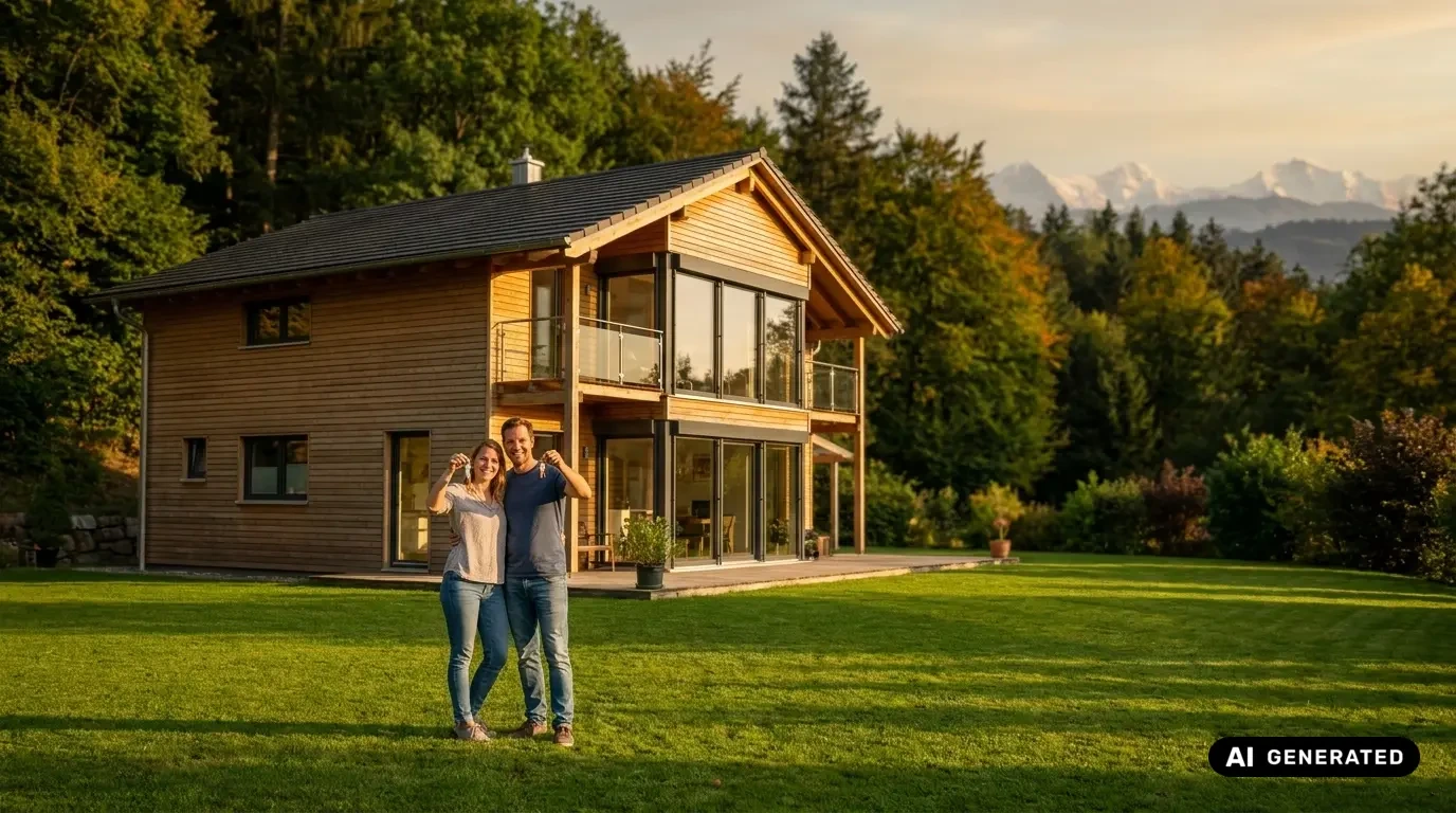 Grenzgängerzentrum 25 Paar mit Hausschlüssel vor einem modernen Holzhaus im Grünen