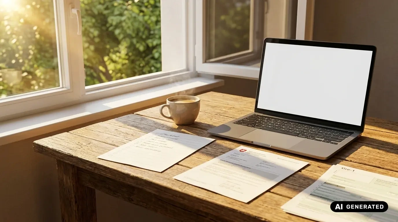 Schreibtisch am Fenster mit Laptop, Kaffeetasse, Checkliste und Formularen wie dem Gre-1