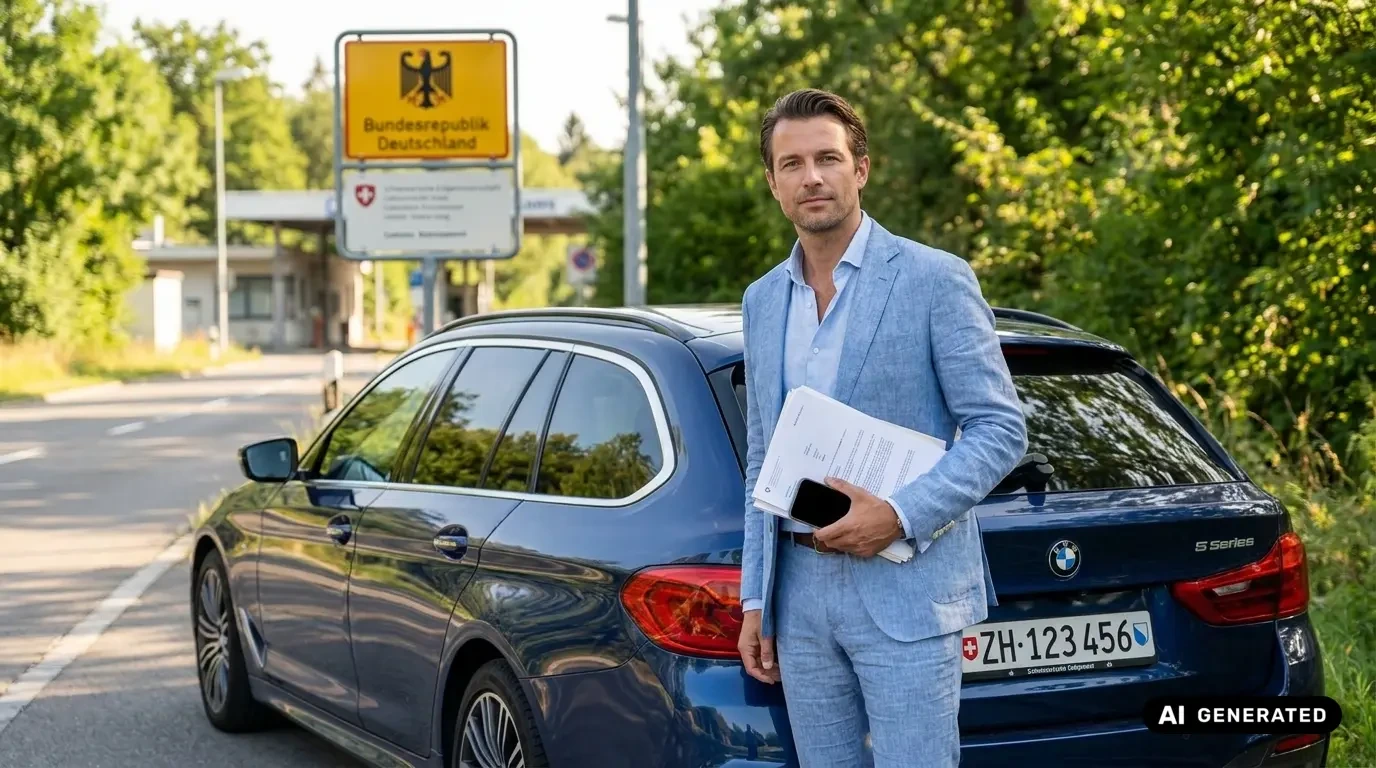 Grenzgängerzentrum 25 Geschäftsmann steht mit Dokumenten und Smartphone vor blauem BMW 5er mit Schweizer Kennzeichen an der deutsch-schweizerischen Grenze