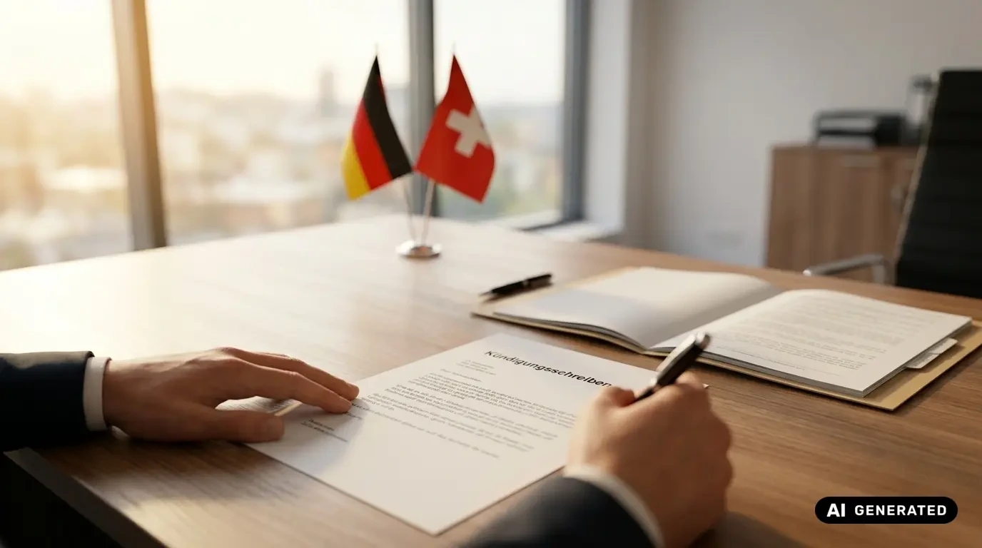 Grenzgängerzentrum 25 Person unterschreibt ein Kündigungsschreiben an einem Schreibtisch mit deutscher und Schweizer Flagge im Hintergrund
