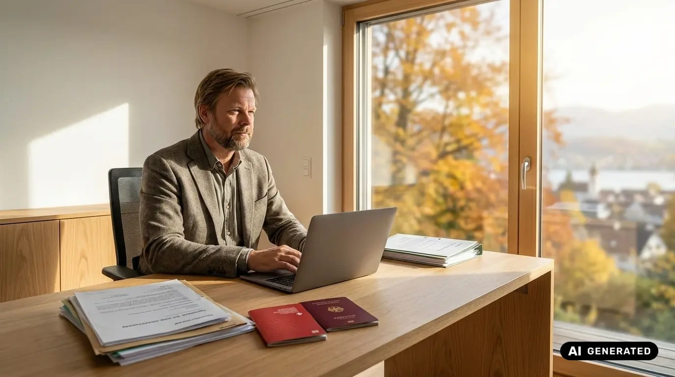 Grenzgängerzentrum 25 Selbstständiger Grenzgänger arbeitet am Laptop im Homeoffice, auf dem Tisch liegen Schweizer und deutscher Pass sowie Unterlagen