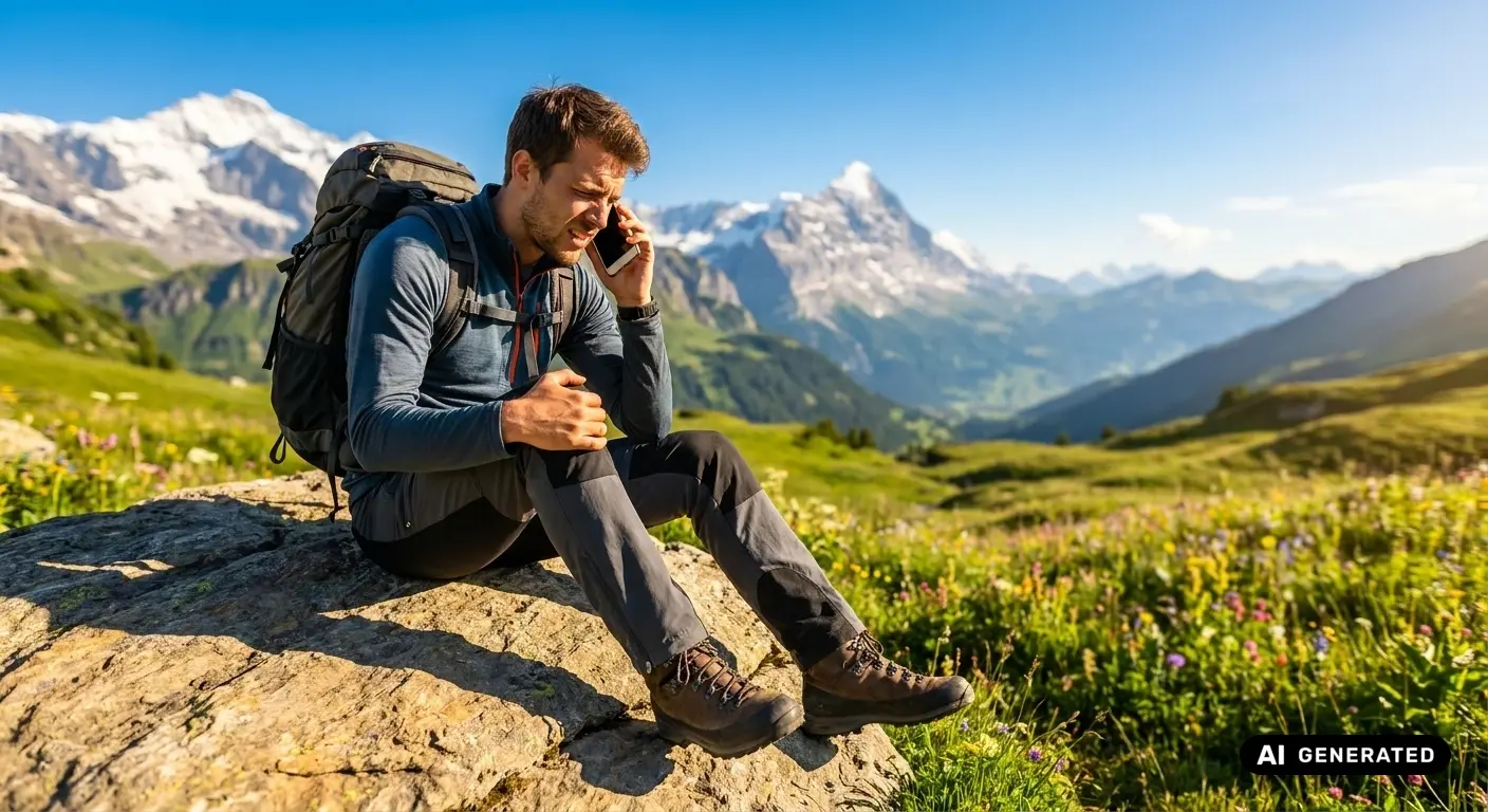 Grenzgängerzentrum 30 Wanderer mit Rucksack sitzt auf einem Felsen und telefoniert, hält sich dabei das Knie
