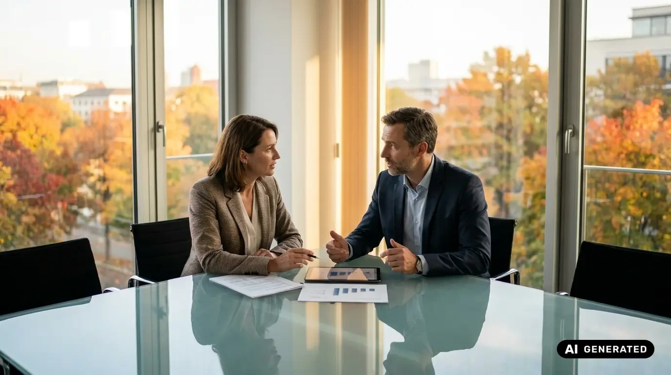 Grenzgängerzentrum 25 Mann und Frau im Businessoutfit sitzen an einem Glastisch im Büro und besprechen Unterlagen zur betrieblichen Altersvorsorge