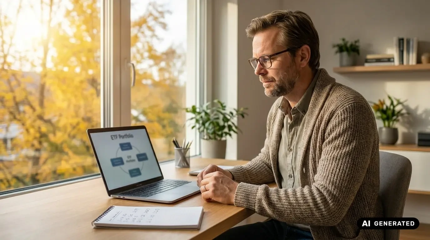 Grenzgängerzentrum 25 Selbstständiger sitzt am Schreibtisch im Homeoffice und betrachtet ein ETF-Portfolio-Diagramm auf seinem Laptop