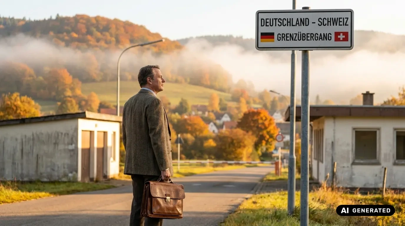 Grenzgängerzentrum 25 Ein Mann mit Aktentasche steht an einem Grenzübergang zwischen Deutschland und der Schweiz