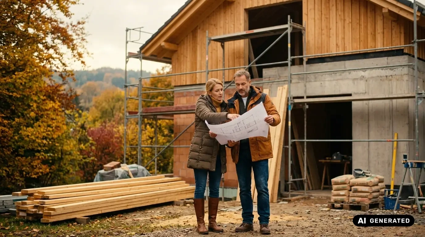Grenzgängerzentrum 25 Paar prüft einen Bauplan vor einem halbfertigen Holzhaus mit Gerüst