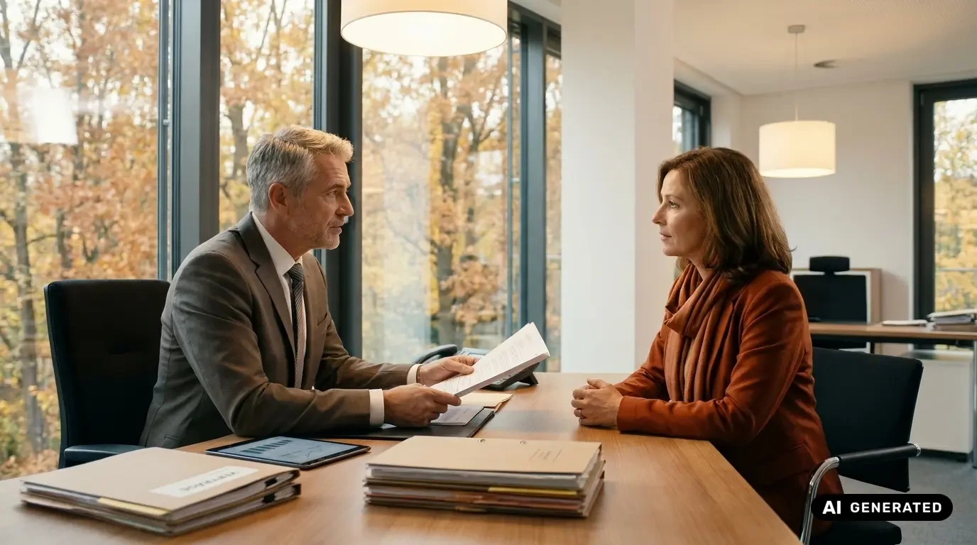 Grenzgängerzentrum 25 Berater zeigt einer Klientin am Schreibtisch ein Dokument, daneben liegen Aktenordner und ein Tablet mit Diagramm