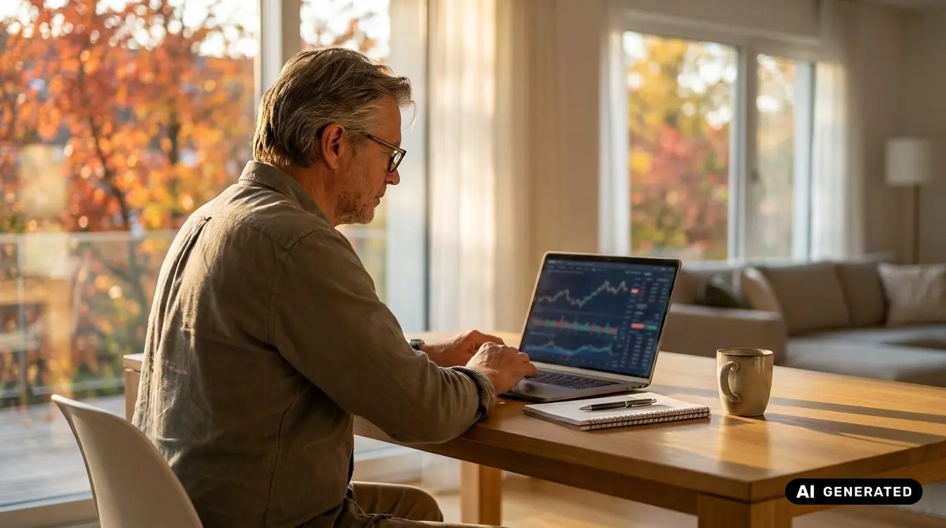 Grenzgängerzentrum 25 Mann mittleren Alters mit Brille sitzt an einem Holztisch im hellen Wohnzimmer und arbeitet am Laptop mit Finanzcharts