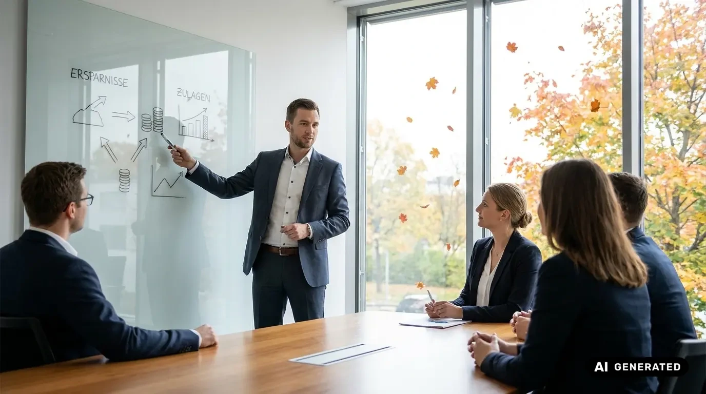 Grenzgängerzentrum 25 Berater erklärt an einem Whiteboard mit den Notizen „Ersparnisse“ und „Zulagen“ drei Zuhörenden am Besprechungstisch die Möglichkeiten zum Vermögensaufbau